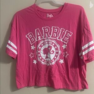 Barbie Pink Tee with White Graphic Logo and Sleeve Stripes